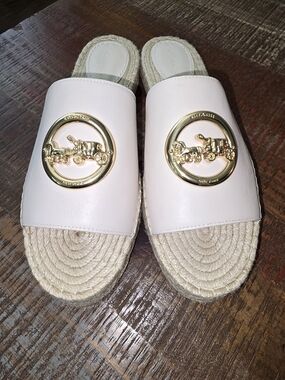 Coach Pink Leather Espadrille Slide with Gold Coach Carriage Emblem
